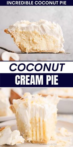 coconut cream pie on a white plate with text overlay