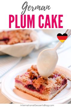 german plum cake on a white plate with a scoop of ice cream in it and the title overlay