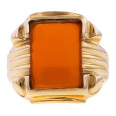 Vintage Carnelian Ring sold by Doyle and Doyle an antique and vintage jewelry boutique Classic Carnelian Signet Ring For Formal Events, Classic Carnelian Signet Ring For Formal Occasions, Modernist Gold Rectangular Signet Ring, Gold Rectangular Modernist Signet Ring, Art Deco Rectangular Signet Ring With Polished Finish, Gold Carnelian Signet Ring With Polished Finish, Elegant Gold Signet Ring With Carnelian, Yellow Gold Signet Ring With Rectangular Gemstone, Formal Carnelian Gold Ring