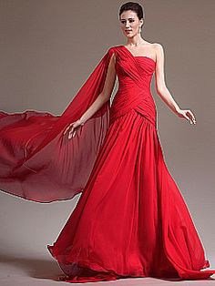 Draped Single Strap Crisscross Pleated Mermaid Chiffon Evening Dress - USD $128.00 Prom Dress With Cape, Red Couture Gowns, Red Couture, Go Red For Women, Brides Mother, Red Evening Dresses, Dress With Cape