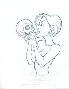 a pencil drawing of a woman holding a skull in her hand and looking at it