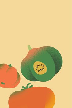 three different types of vegetables are shown on a yellow background with green, orange and red