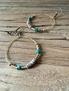 Beautiful handbeaded heishi and turquoise for an earthy elegant boho stunner! -1.5” hoops Taos, Hand Beading, Tao, Vintage Designs, Turquoise