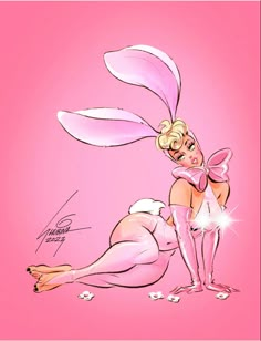 a drawing of a woman in pink with bunny ears