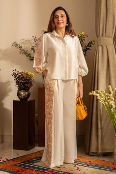 Buy Off White Pure Silk Chanderi Embroidery Bloom Collar Petunia Shirt With Pant For Women by House of Inari Online at Aza Fashions. Cord Set Embroidery, Heavy Cord Set, Puffed Sleeves Shirt, White Cord Set, Dotti Dresses, Blossom Embroidery, Co Ords Outfits, Met Gala Outfits, White Blossom