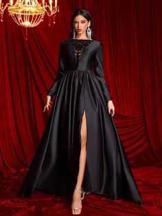 Elegant Black Satin Collar Flocked Mesh Splice Long Sleeve High Waist Flared Skirt Side High Slit Formal Evening Gown, Prom Dress, For Wedding Guest, Graduation, Dinner Black Elegant  Long Sleeve Woven Fabric Colorblock A Line Non-Stretch  Weddings & Events, size features are:Bust: ,Length: ,Sleeve Length: Dress For Wedding Guest, Graduation Dinner, Long Sleeve Ball Gowns, Formal Evening Gown, Satin Noir, Dress For Wedding, Women Formals, Evening Gowns Formal, Formal Evening Dresses