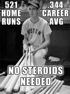 a baseball player sitting in front of a pile of bats with the caption home runs, career, avg no steroids needed