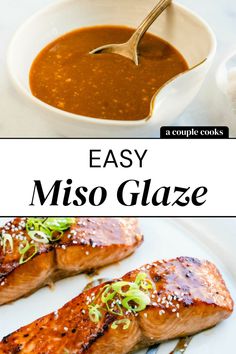 easy miso glaze recipe with salmon on a white plate and in a bowl