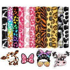 several different types of hair clips in various colors and designs, including zebras, giraffes, cats, and more