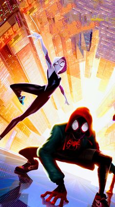 spider - man into the spider - verse movie poster with two people on skateboards