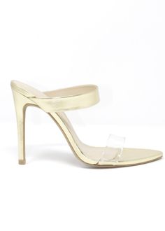 Audrey slip on heels in gold with clear strap across the toes. Gold Slides, Elegant Shoes, Clear Heels, Gold Heels, Comfortable Heels, All Eyes, 4 Inch Heels, Comfy Fits, Strap Heels