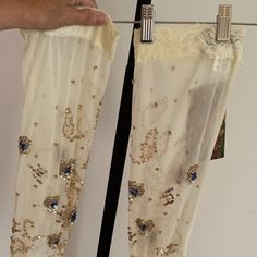 Super Sexy Ivory Hand Beaded Stockings By Alexis Georgio. Beads Are Blue And Gold. Delicate Lace Fits Comfortably Around Thighs. Size Medium Is Suitable For 0-10. Make A Bold Statement By Wearing These With A Skirt Or Dress. Stockings, Pant Jumpsuit, Pants For Women, Women Shopping, How To Wear, Color