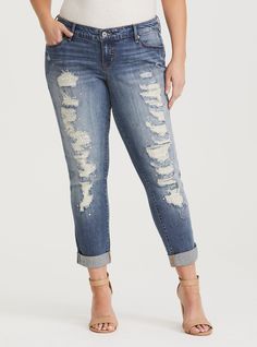 Plus Size Runway Collection - Premium Boyfriend Jeans in Distressed & Embellished Medium Wash, , hi-res Boyfriend Jeans Outfit Winter, Plus Size Runway, Boyfriend Jeans Outfit, Fall Fashion Skirts, Jeans Outfit Winter, All Jeans, Boyfriend Jean, All I Ever Wanted, Fashion Week Runway