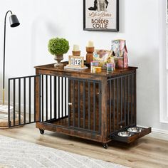 a dog crate sitting on top of a hard wood floor next to a white rug