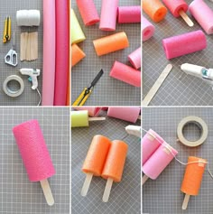 the process of making popsicles out of felt and construction materials is shown in four pictures