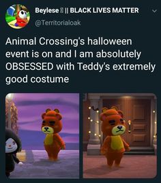 an animal crossing's halloween event is on and i am absolutely obsesed with teddy's extremely good costume