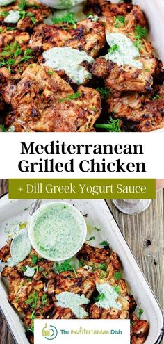 the mediterraneann grilled chicken is served in a casserole dish