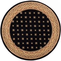 a black and gold rug with an intricate design on the center, in front of a white background