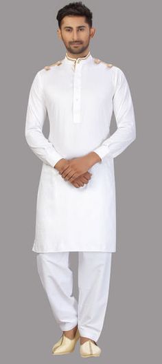 White and Off White color Pathani Suit in Cotton fabric with Thread work Classic White Sets For Eid, Fitted White Unstitched Suit For Eid, Elegant White Cotton Unstitched Suit, Classic White Long Sleeve Kurta, Fitted White Long Sleeve Lawn Suit, White Fitted Long-sleeve Lawn Suit, White Cotton Unstitched Suit For Eid, White Cotton Lawn Suit For Formal Occasions, White Embroidered Formal Unstitched Suit