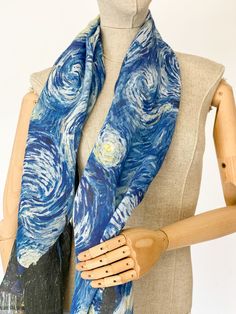 "Scarf \"Starry Night\" by Vincent van Gogh. Vincent Willem van Gogh was a Dutch post-impressionist painter who is among the most famous and influential figures in the history of Western art. In just over a decade, he created about 2,100 artworks, including around 860 oil paintings, most of which date from the last two years of his life. Fabric: 100% linen (stonewashed). Measurements: 70 x 195 cm / 27 x 76 in Hand made in Lithuania. COLOURS: Actual colour may vary from picture due to computer se Linen Scarf, Linen Scarves, Post Impressionists, Scarf Gift, Vincent Van, Lithuania, Vincent Van Gogh, Linen Dress, Van Gogh