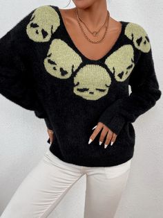 Drop Shoulder Skull Pattern Jumper Black Casual  Long Sleeve Fabric Halloween Pullovers Non-Stretch Fall/Winter Women Clothing, size features are:Bust: ,Length: ,Sleeve Length: Goth Sweater, Batwing Sleeve Sweater, Skull Sweater, Skull Pattern, Women Sweaters, Drop Shoulder Sweaters, Long Sleeve Knit Sweaters, Moda Vintage, Ribbed Knit Sweater