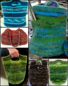 several pictures of different bags and purses made from yarn, including one in green, the other in blue