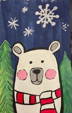 a drawing of a polar bear with snowflakes in the background