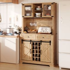 a wooden cabinet with wine glasses on it