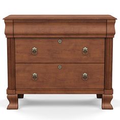 a wooden dresser with two drawers and knobs on the bottom drawer, against a white background