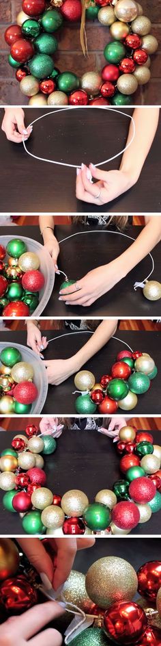 how to make an ornament wreath out of christmas balls and tinsels