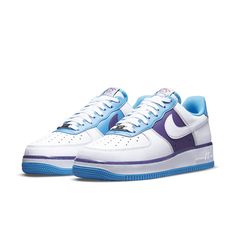 To celebrate the 75th anniversary of the NBA, Nike is releasing a special edition Air Force 1 '07 LV8 sneaker in the colors of the Los Angeles Lakers. This low-top style features a white leather upper with powder blue accents on the eyestay and collar lining. The lateral side has a white Nike Swoosh and purple quarter panel, while the opposite side has a purple Nike Swoosh with a blue quarter panel. Additional Lakers-themed details include a 75th Anniversary tongue tag and an embroidered Lakers logo on the heel tab. The Nike Air Force 1 '07 LV8 'Lakers' sneaker is perfect for any fan of the team or basketball in general. Throwback Basketball Shoes With Branded Insole, Nike Air Force 1 Low-top For Sports Events, Nike Throwback Basketball Shoes For Sports Events, Nike Throwback Basketball Shoes, Nike Custom Sneakers For Basketball, Custom Nike Sneakers For Basketball, Lakers Custom Air Force 1, Lakers Shoes, Purple Low-top Basketball Shoes With Air Max Cushioning