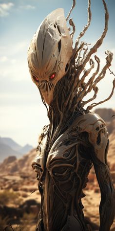 an alien man with long hair and red eyes standing in the middle of a desert