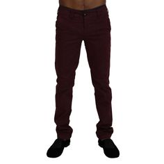 Enhance Your Wardrobe With These Elegant And Modern Maroon Skinny Pants, Perfect For Bringing A Splash Of Color And Sophistication To Any Gentleman’s Attire. Designed By The Renowned Brand Cycle, These Pants Blend Premium Quality With Sleek Styling, Ensuring Both Comfort And A Sharp Silhouette. With Exceptional Tailoring And Attention To Detail, They Are Made In Italy, A Testament To Fashion Craftsmanship. Color: Maroon Material: 97% Cotton 3% Elastane Country Of Origin: Italy Logo Details We Ar Designer Straight Leg Pants With Pockets, Luxury Cotton Pants, Designer Fitted Straight Bottoms, Elegant Formal Pants With Five Pockets, Designer Fitted Trousers, Elegant Full-length Pants With Five Pockets, Designer Fitted Straight Pants, Elegant Fitted Pants With Five Pockets, Elegant Cotton Jeans