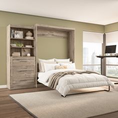 a bedroom with a bed, dresser and bookcase in the corner next to a window