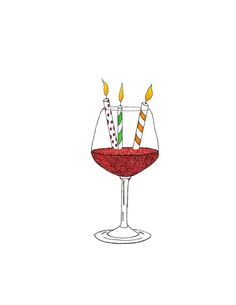 a drawing of three candles sticking out of a wine glass with red liquid in it