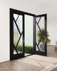 an open glass door in a white room