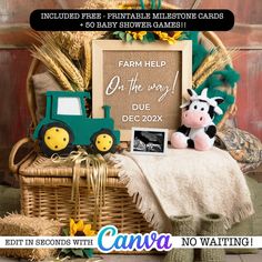 a farm themed baby shower is displayed with a toy cow and photo frame on the table