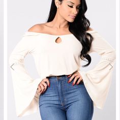 Fashion Nova’s Don’t Change Me Top Off Shoulder Long Bell Sleeve Crochet Sleeve Detail Front Keyhole Elastic Trimming 96% Polyester 4% Spandex Size: Small Stretch Off White Top For Fall, Stretchy Off-white Top For Fall, Elastane Stretch Tops For Day Out, Off White Stretch Top For Fall, Casual Beige Elastane Tops, Stretch Beige Blouse For Day Out, Stretch Beige Tops In Elastane, Beige Stretch Tops In Elastane, Beige Stretch Elastane Tops