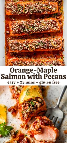 an orange maple salmon with pecans on top