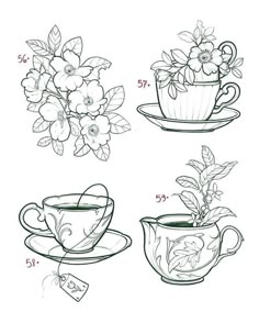 how to draw flowers in tea cups and saucers