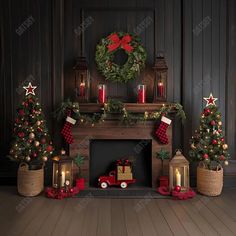 a fireplace decorated with christmas trees and presents