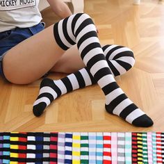 Black And White Thigh-High Socks Striped Thigh High Socks, Thigh Socks, Thigh High Stocking, Fashion Japanese, Striped Stockings, Over Knee Socks, Japanese Candy, Over The Knee Socks, Foto Poses