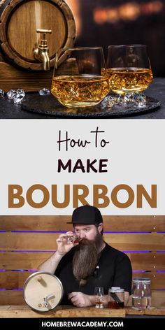 a man with a beard sitting at a table next to some glasses and a barrel