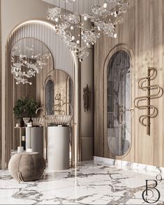 an elegant bathroom with marble floors and chandelier above the shower area is shown in this rendering