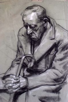 a black and white drawing of a man holding a cane in his right hand while sitting down