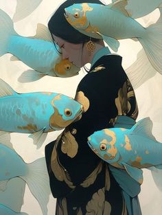 a woman standing in front of many blue fish with gold spots on their body and head