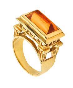 Architectural ring designed by Finestra. Beautiful architectural cocktail ring, created by the goldsmiths and designers of Finestra, back in the 1990. This ring has been inspired by the architecture of the Greeks and Romans temples and crafted in three dimensions in solid yellow gold of 18 karats with textured finish. The ring is embellished on top with a natural earth mined orange citrine with a special cut simulating the pediment and roof of an ancient temple. Citrine: Mount in a bezel setting Art Deco Citrine Jewelry In Yellow Gold, Antique Citrine Gold Jewelry, Art Deco Yellow Citrine Rings, Gold Citrine Diamond-cut Jewelry, Architectural Rings, Collectible Yellow Citrine Jewelry, Orange Citrine, Ancient Temple, The Greeks