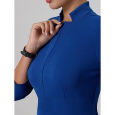 This dress can be a perfect addition to almost any outfit from formal to daily wear, great for work, meetings, offices, businesses, work, parties, cocktails, weddings, casual, everyday dressing, etc. Pair with a delicate necklace and heels for a chic office look. Comfortable and classic, this 3/4 sleeve sheath dress is perfect on its own or as a layer under a blazer or jacket. Blue Dress With Back Zipper For Work, Blue Half Sleeve Office Dress, Blue Half Sleeve Dress For Office, Blue Workwear Dress With Back Zipper, Blue 3/4 Length Dresses For Work, Office Lady Dress With 3/4 Sleeves For Work, Blue V-neck Office Dress, Luxury Office Dresses With 3/4 Sleeves, Blue Midi Dress With 3/4 Sleeves For Work