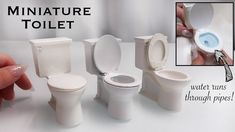 there is a miniature toilet and two toilets in the same photo with instructions for how to use it