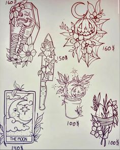 some drawings that are on top of a piece of paper with flowers and plants in it